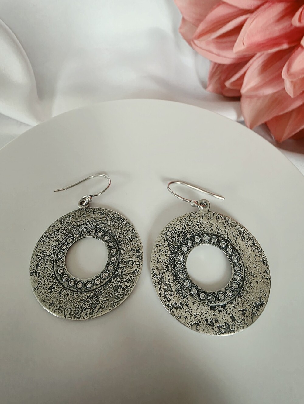 Silpada W1871 Sterling Silver Oxidized Textured Cubic Zirconia Round Earrings